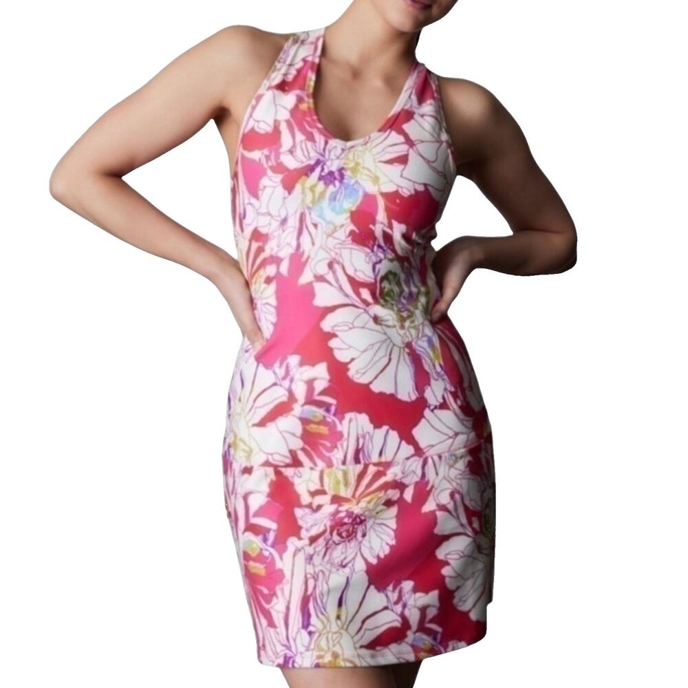 Josie Natori Solstice Mini Tank Dress Active Wear Racer Back Floral Pink M